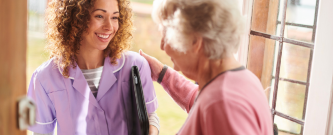 A caregiver enters a senior’s home to provide respite care services.