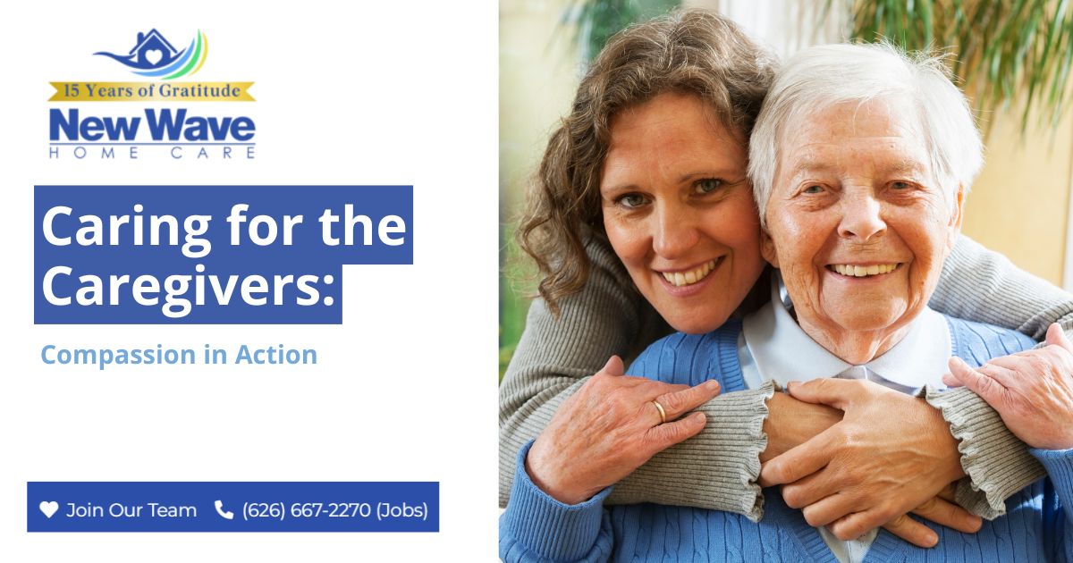 A graphic depicts a caregiver and older client as well as the title Caring for the Caregivers.