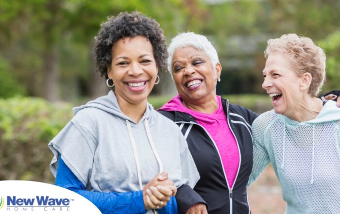 3 older women enjoy their time staying active together representing how a longer healthspan can help with staying active and engaged longer.